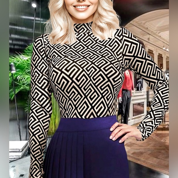 Mock Neck Greek Key" Print Pattern Tee - Picture 12 of 16